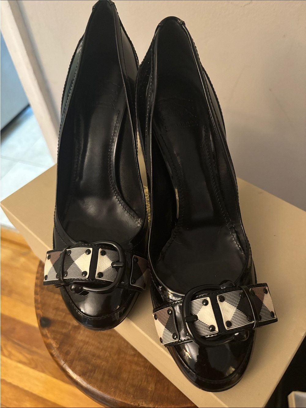 Black Patent Heels with Plaid Bow Accent Burberry
